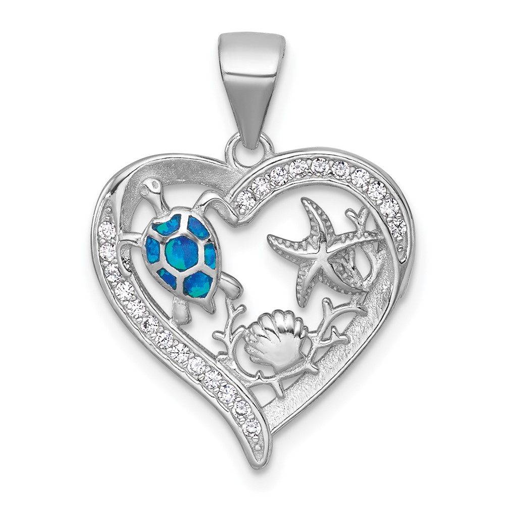 QC11592.jpg Sterling Silver Rhodium-plated Polished and Textured Blue Lab Created Opal and CZ Sealife Heart Pendant - Image 1