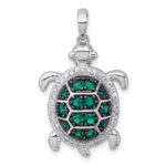 Sterling Silver White and Black Rhodium-plated White and Green CZ Turtle Pendant