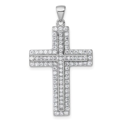 Sterling Silver Rhodium-plated White CZ Latin Cross Pendant