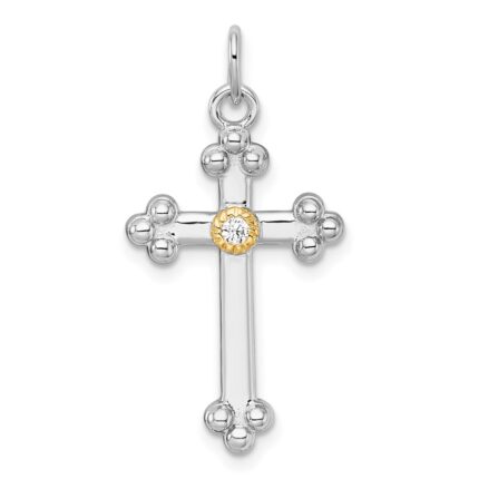 Sterling Silver Rhodium-plated with 14k Accent Polished CZ Budded Cross Pendant
