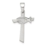 Sterling Silver Brushed Cross with Polished Ichthus Fish Pendant