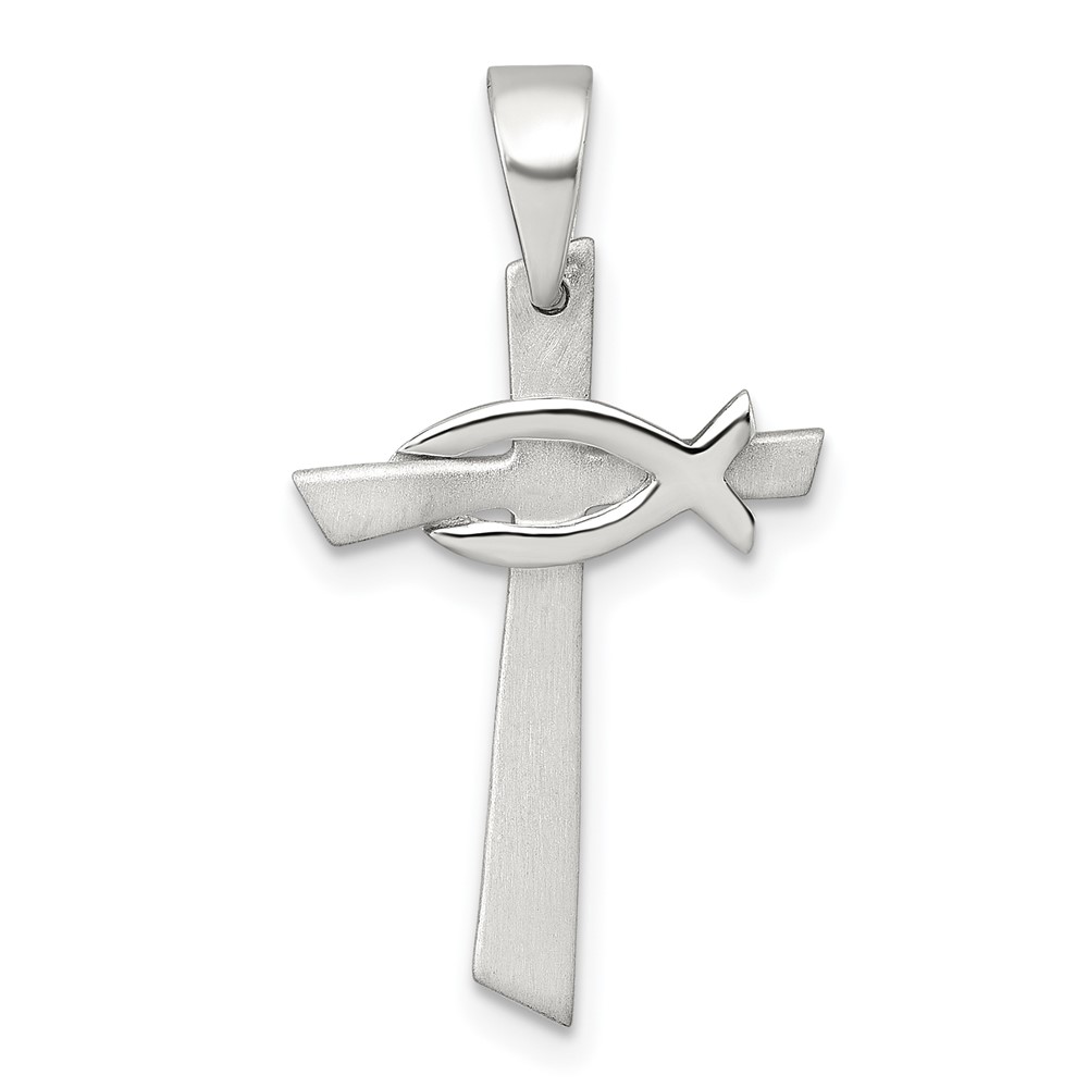 QC11625.jpg Sterling Silver Brushed Cross with Polished Ichthus Fish Pendant - Image 1