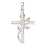 Sterling Silver E-Coat Polished Cross with CZ and Gold-tone Rose Pendant - Image 3