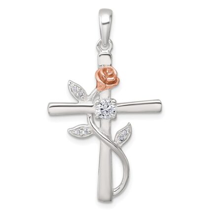 Sterling Silver E-Coat Polished Cross with CZ and Rose-tone Rose Pendant