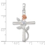Sterling Silver E-Coat Polished Cross with CZ and Rose-tone Rose Pendant - Image 4