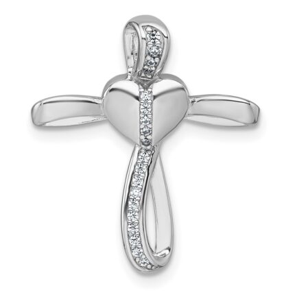 Sterling Silver Rhodium-plated Polished CZ Heart Cross Chain Slide Pendant