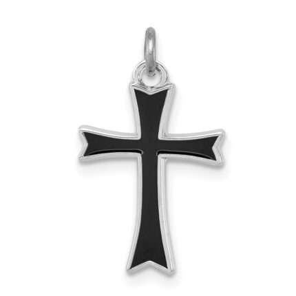 Sterling Silver Platinum-plated Black Enameled Cross Charm