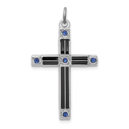 Sterling Silver Platinum-plated Enameled & Blue CZ Cross Pendant