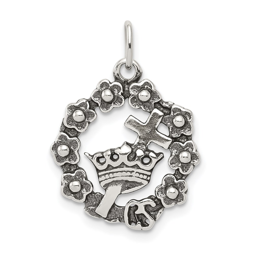 QC4419.jpg Sterling Silver Antiqued Cross, Crown & Wreath Charm - Image 1
