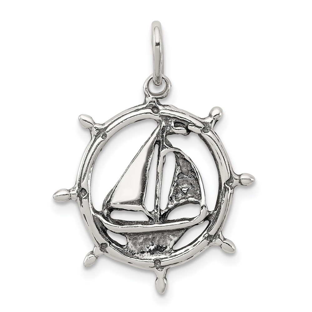QC4965.jpg Sterling Silver Antiqued Sailboat in Wheel Charm - Image 1