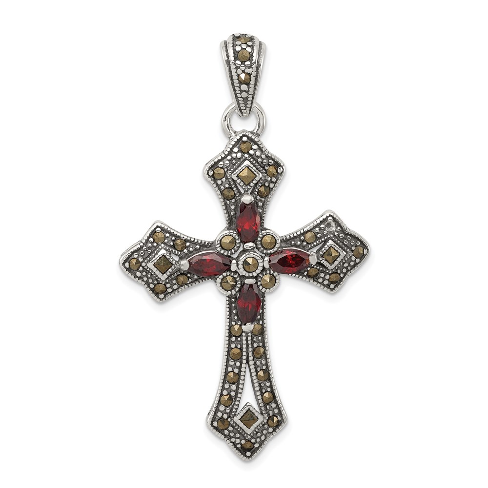 QC5279.jpg Sterling Silver Antiqued Red Marquise CZ Marcasite Cross Pendant - Image 1
