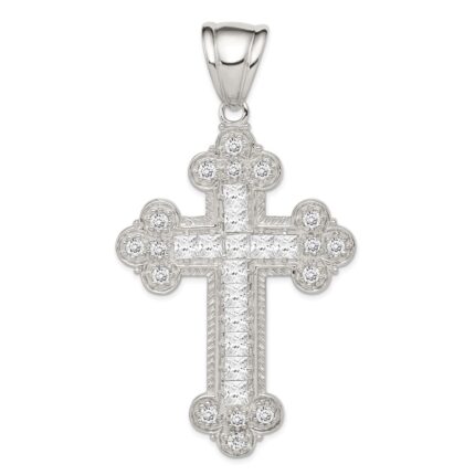 Sterling Silver Rhodium-plated CZ Budded Cross Pendant