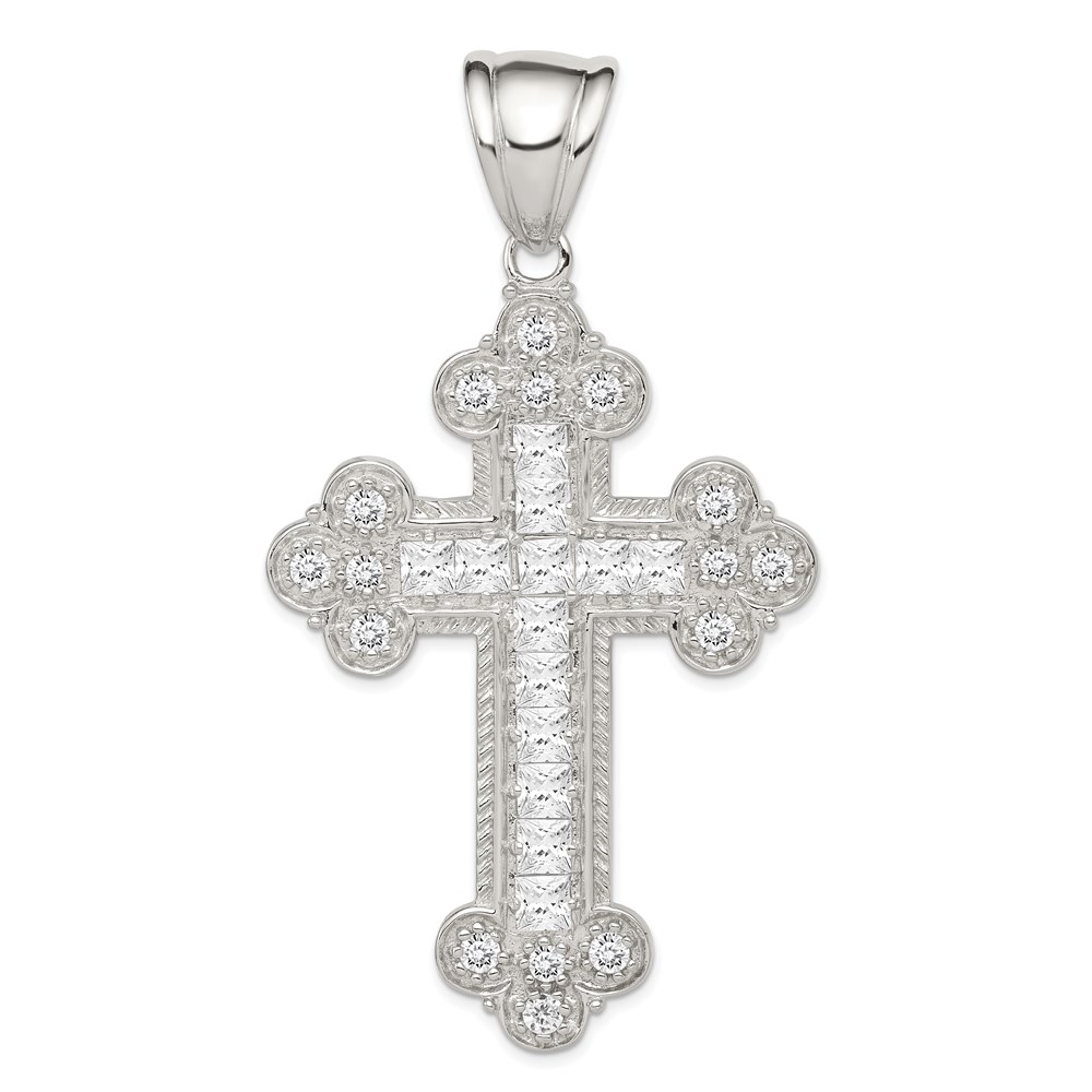 QC5329.jpg Sterling Silver Rhodium-plated CZ Budded Cross Pendant - Image 1