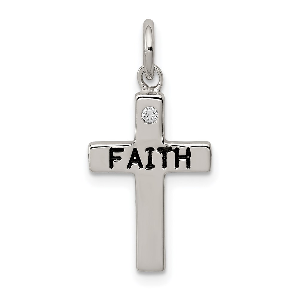 QC5830.jpg Sterling Silver Rhodium-plated Black Ink FAITH and CZ Antiqued Cross Charm - Image 1