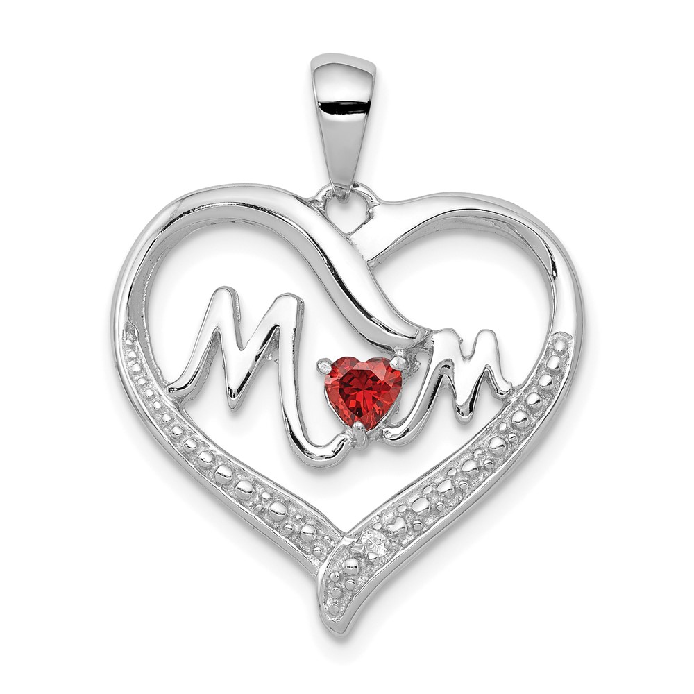 QC5992.jpg Sterling Silver Rhodium-Plated Red CZ Heart & White CZ Mom Heart Pendant - Image 1