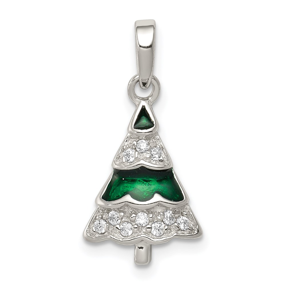 QC6063.jpg Sterling Silver Rhodium-plated CZ and Enameled Christmas Tree Pendant - Image 1