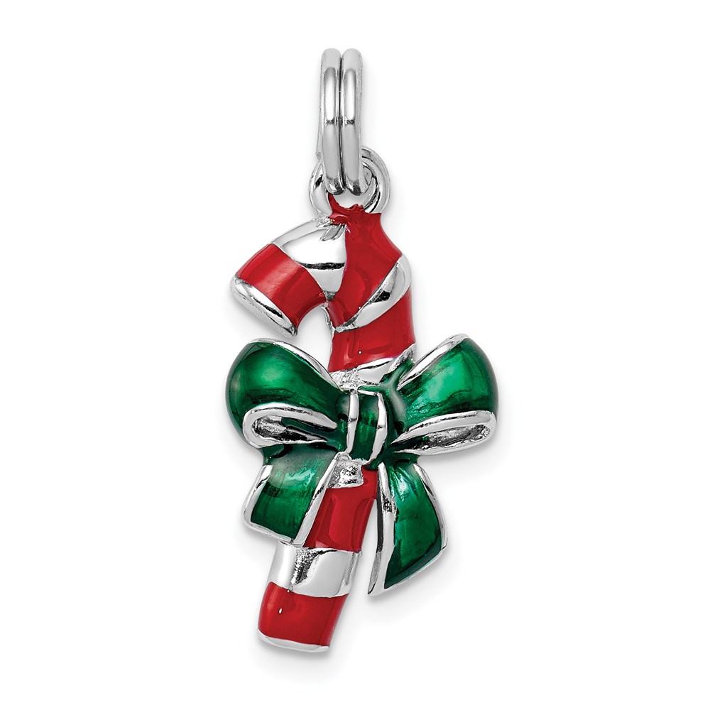 QC6075.jpg Sterling Silver Rhodium-platedEnamel Candy Cane Charm - Image 1