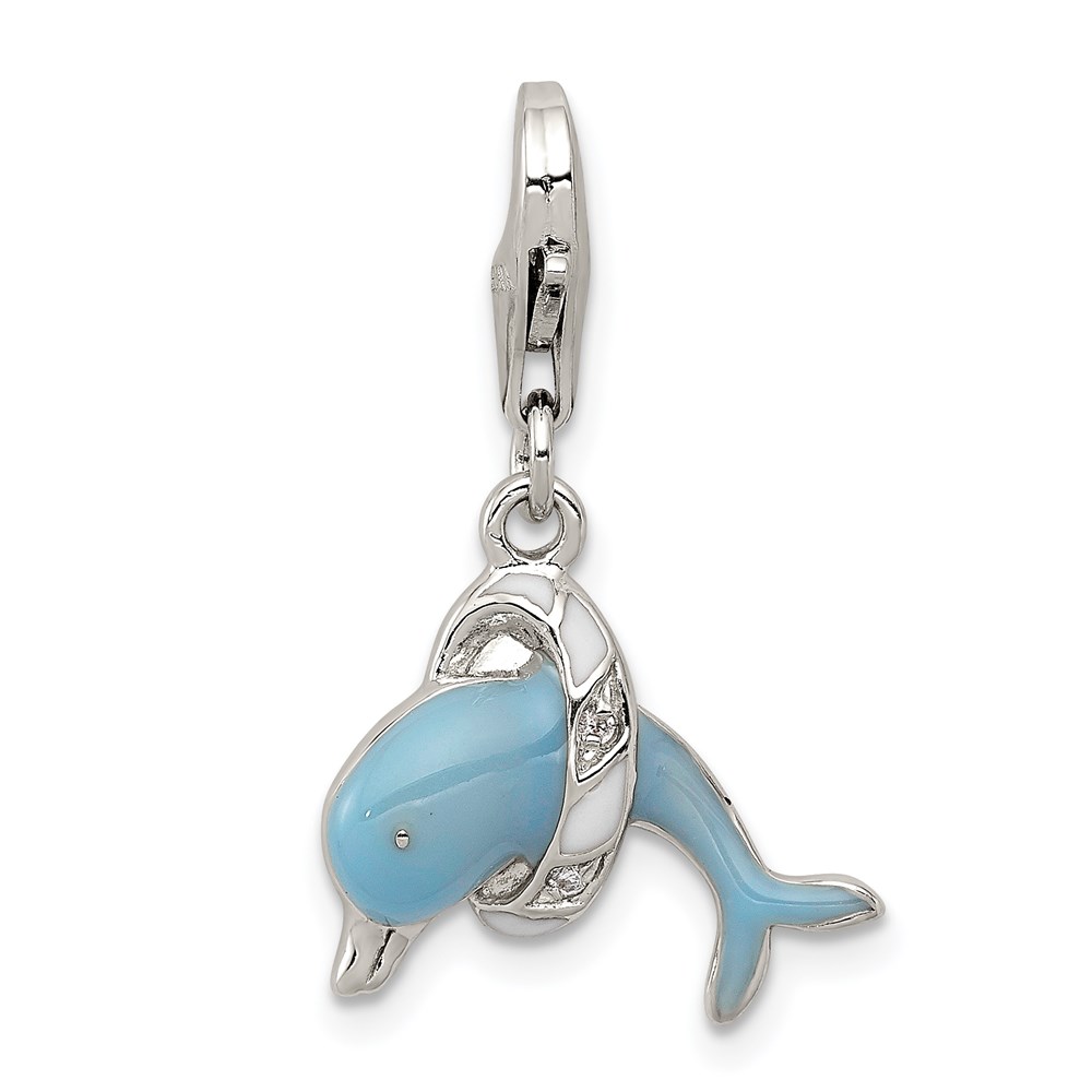 QC6226.jpg Sterling Silver Rhodium-plated Enameled Dolphin with Lobster Clasp Charm - Image 1