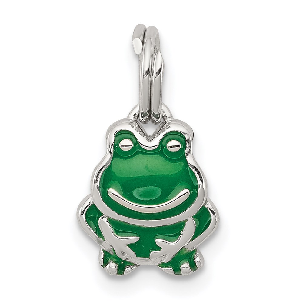 QC6256.jpg Sterling Silver Rhodium-plated Green Enameled Frog Charm - Image 1