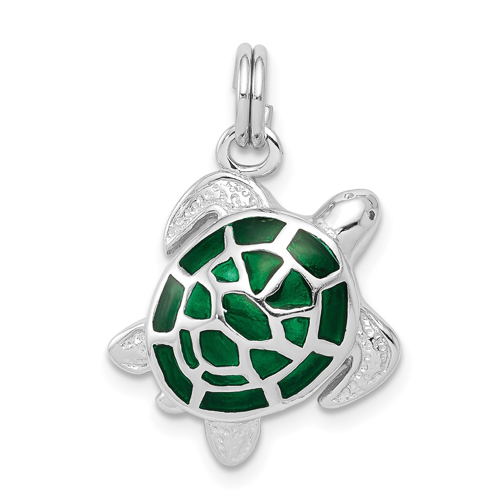 QC6299.jpg Sterling Silver Rhodium-plated Green Enamel Polished Turtle Charm - Image 1