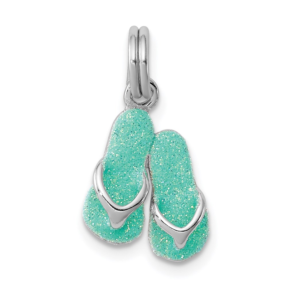 QC6316.jpg Sterling Silver Rhodium-platedGreen Enamel Flip Flops Charm - Image 1