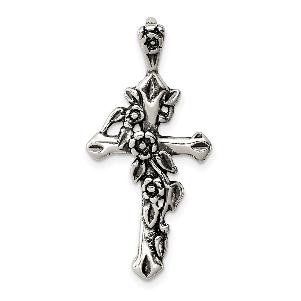 QC6708.jpg Sterling Silver Antiqued Flowered Cross Pendant - Image 1