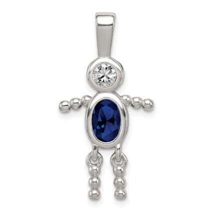 Sterling Silver Rhodium-plated CZ & September Glass Boy Pendant