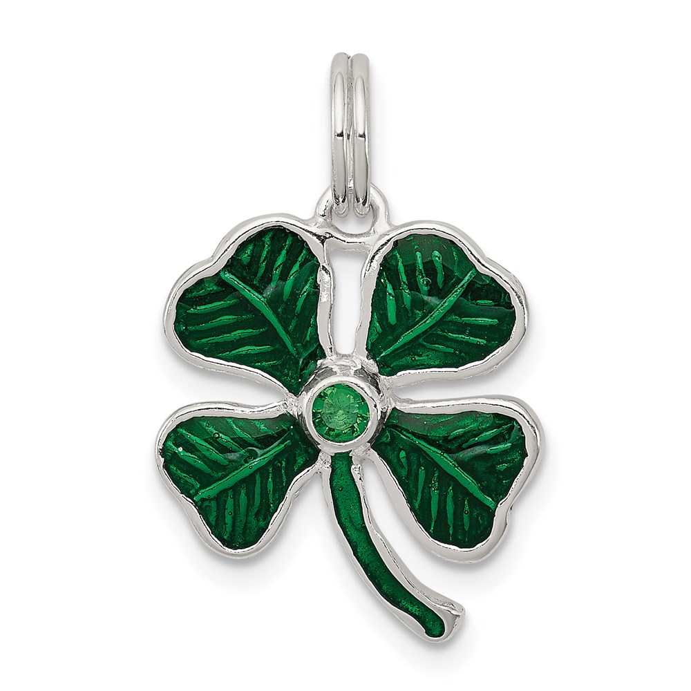 QC6998.jpg Sterling Silver Enameled 4-Leaf Clover with Green Glass Stone Charm - Image 1