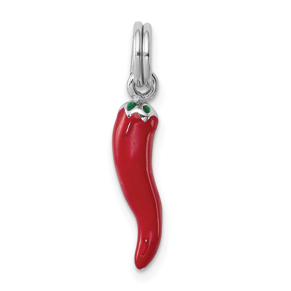 QC7049.jpg Sterling Silver Rhodium Plated Red Enamel with Green Enamel Accent Pepper Charm - Image 1