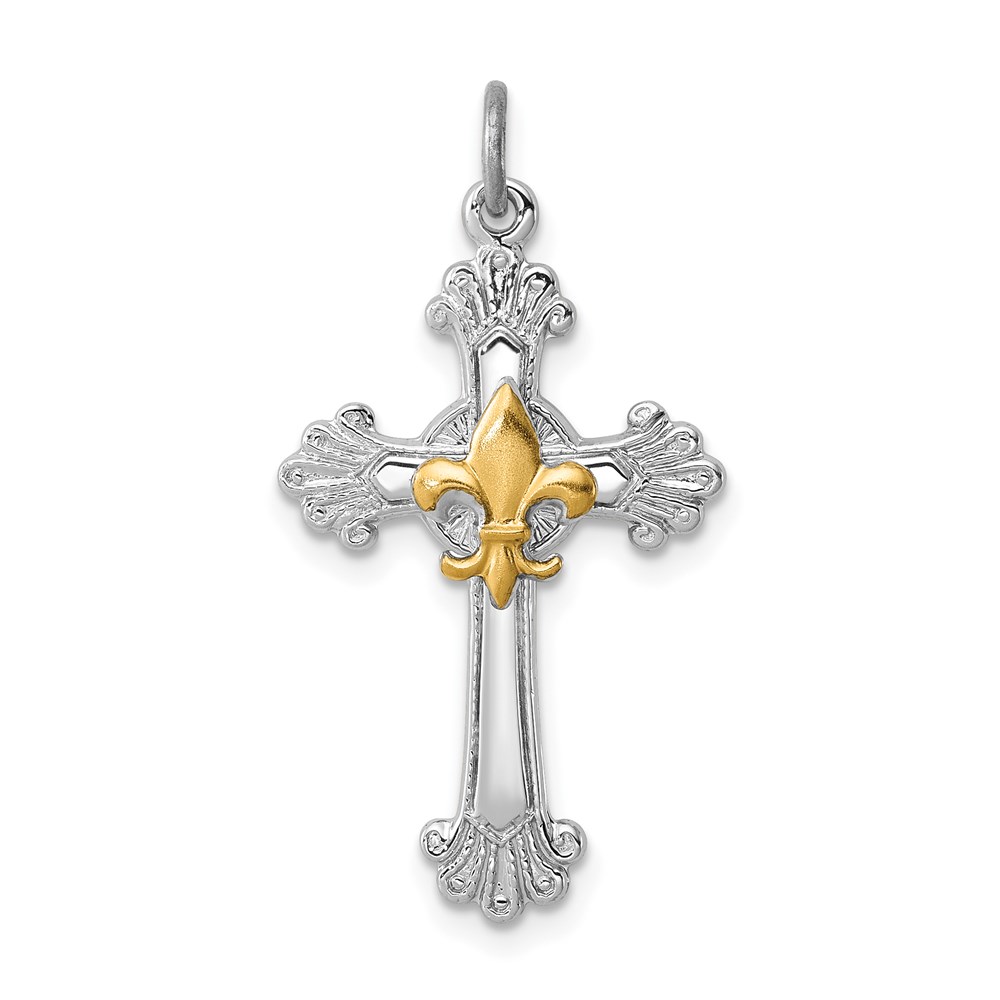 QC7256.jpg Sterling Silver Platinum-plated & Gold-plated Cross & Fleur de lis Pendant - Image 1