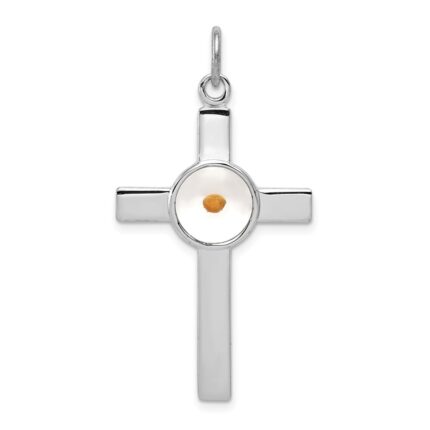 Sterling Silver Platinum-plated Polished & Epxy Cross w/Mustard Seed Pendan