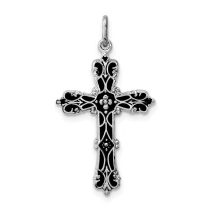 Sterling Silver Platinum-plated with Black Epoxy Cross Pendant