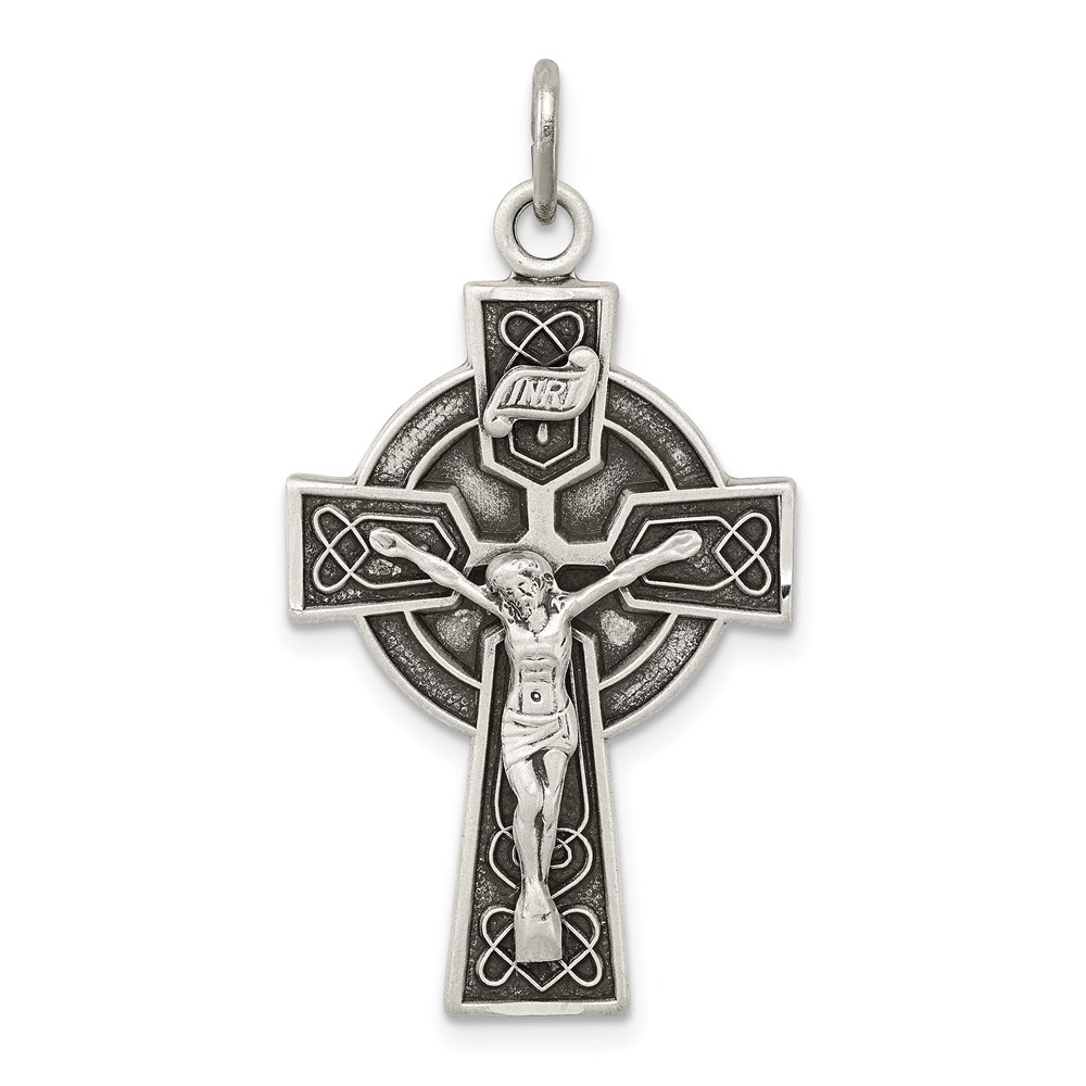 QC7347.jpg Sterling Silver Antiqued Satin Irish Crucifix Cross Pendant - Image 1