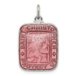 Sterling Silver Pink Enamel Square St. Christopher Medal Pendant