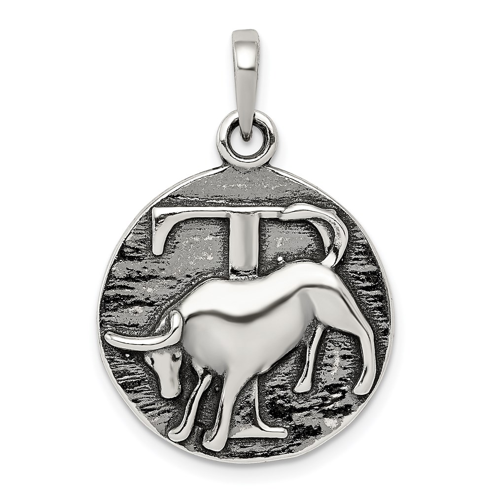 QC7413.jpg Sterling Silver Polished Antique Finish Taurus Horoscope Zodiac Pendant - Image 1