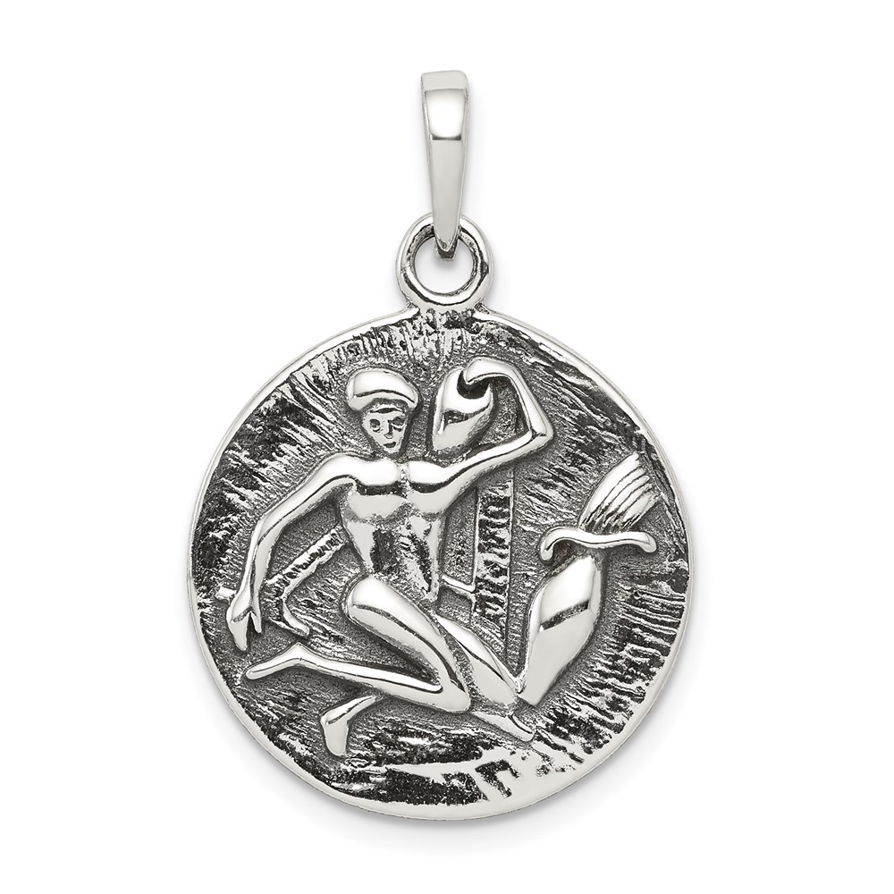 QC7422.jpg Sterling Silver Polished Antique Finish Aquarius Horoscope Zodiac Pendant - Image 1