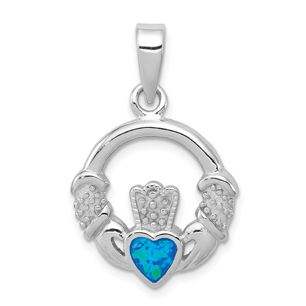 QC7623.jpg Sterling Silver Rhodium-plated Lab Created Blue Opal Inlay Claddagh Pendant - Image 1
