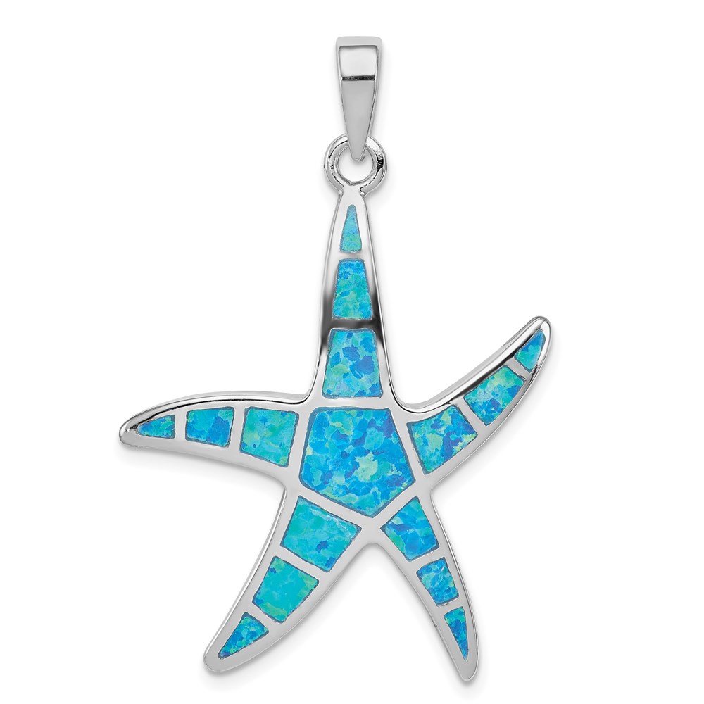 QC7691.jpg Sterling Silver Rhodium-plated Blue Inlay Created Opal Starfish Pendant - Image 1