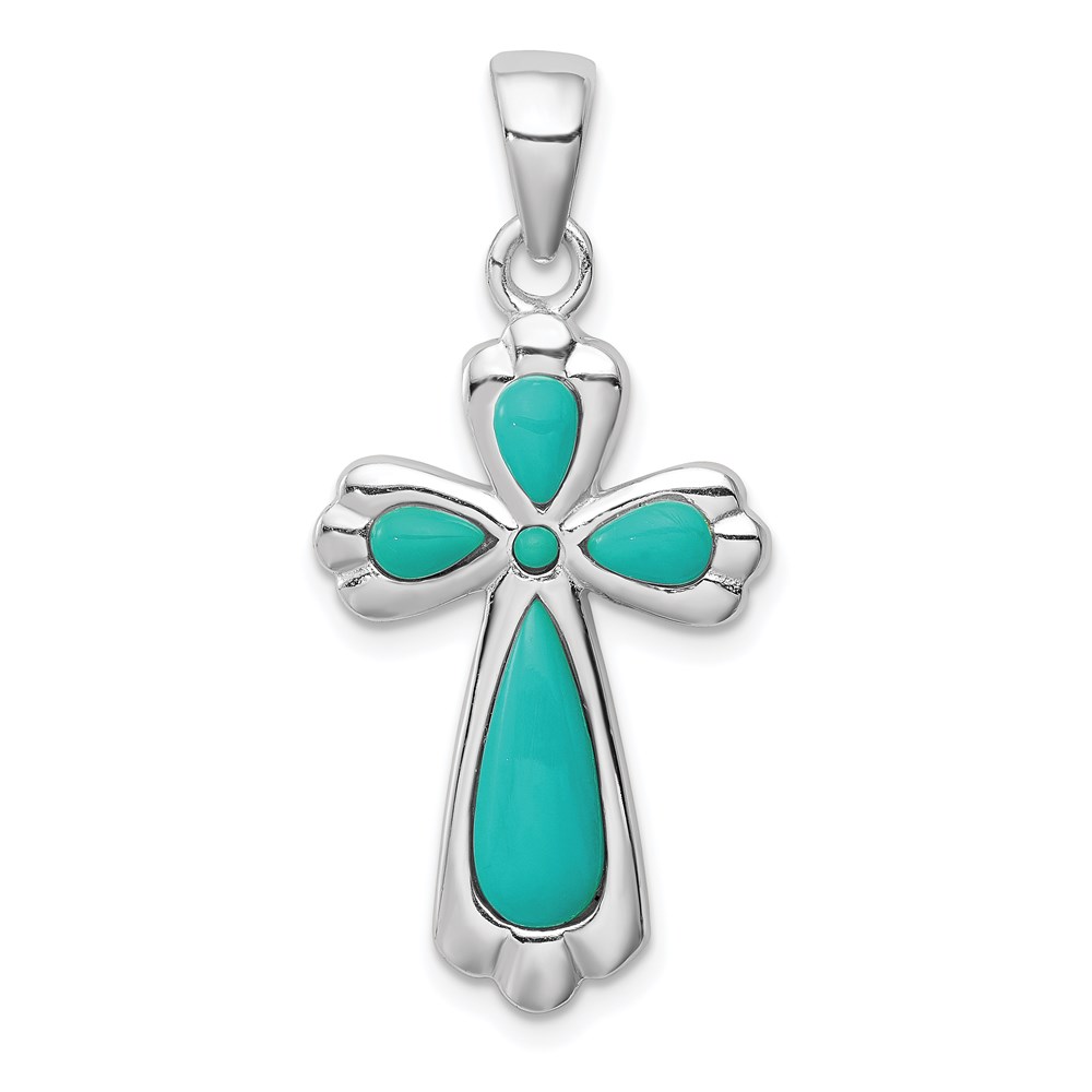 QC8144.jpg Sterling Silver Rhodium-plated Polished Imitation Turquoise Cross Pendant - Image 1