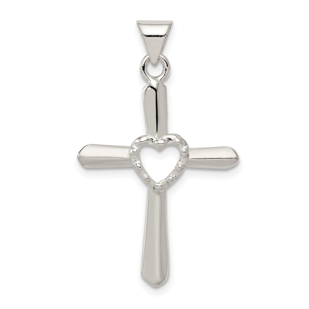 QC8246.jpg Sterling Silver Polished and Textured Cross w/ Heart Pendant - Image 1