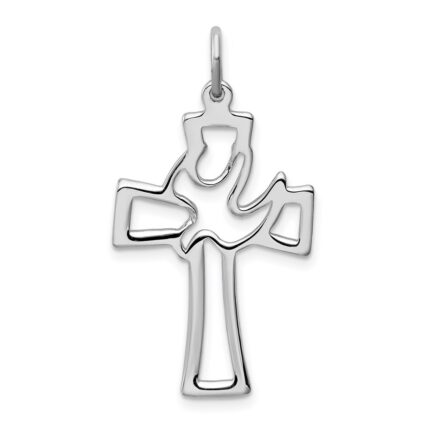 Sterling Silver Platinum-plated Polished Cut-out Dove Cross Pendant