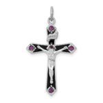Sterling Silver Platinum-plated Black Epxy Purple CZ INRI Cross Pendant