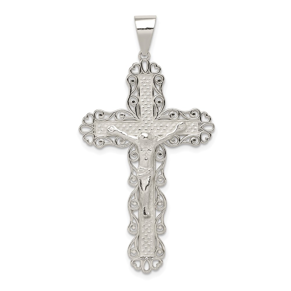 QC8322.jpg Sterling Silver Polished Filigree Cross Crucifix Pendant - Image 1