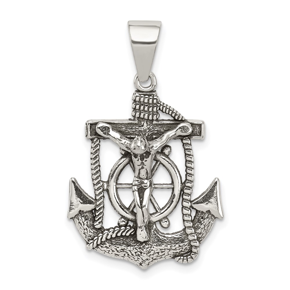 QC8359.jpg Sterling Silver Antiqued Mini Mariner INRI Crucifix Pendant - Image 1