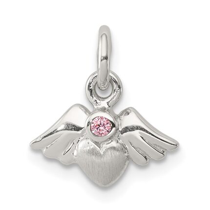 Sterling Silver Rhod-pltd Polished/Satin Heart w/Wings Pink CZ Pendant