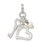 Sterling Silver Polished Key and Heart w/Simulated Pearl Charm - Image 3