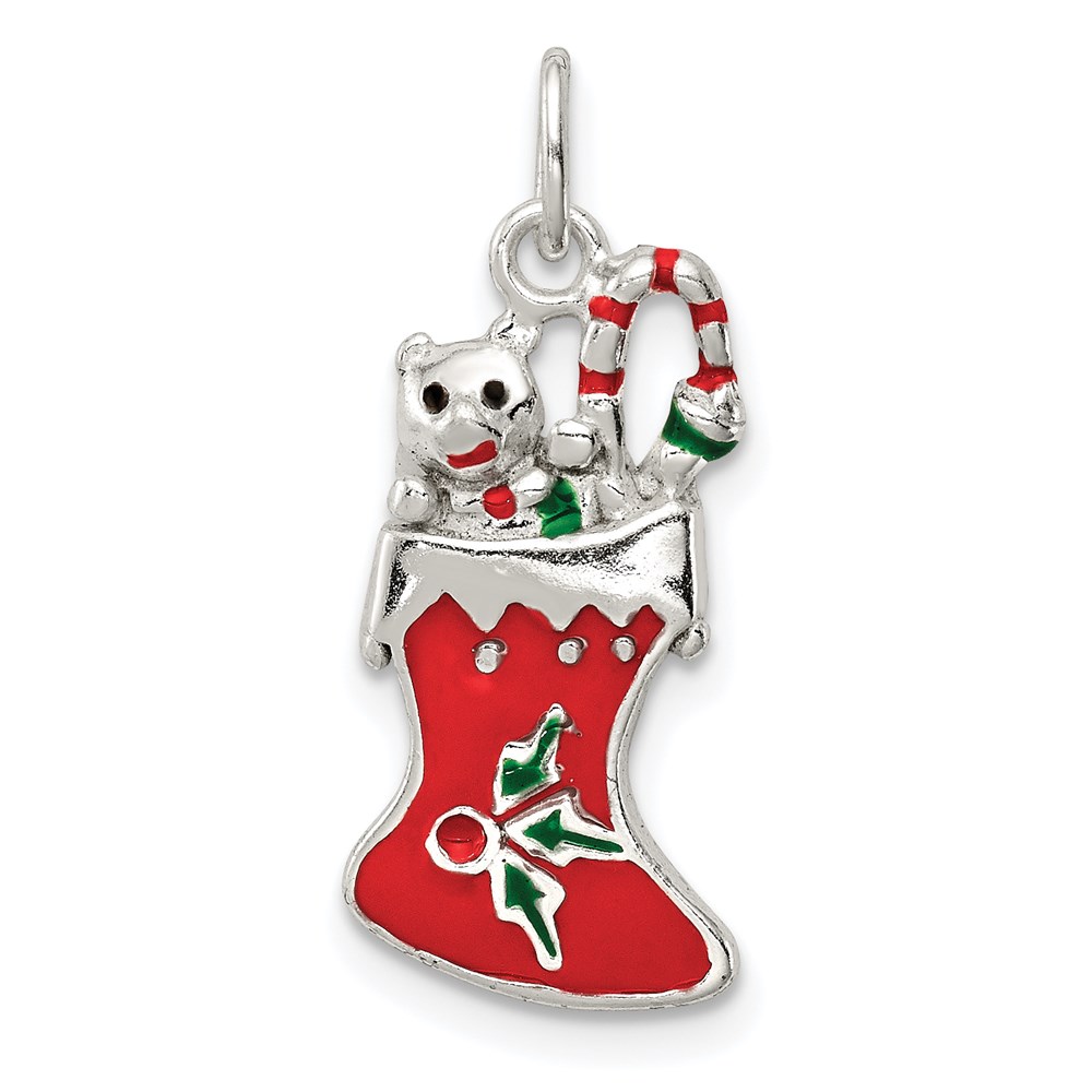 QC8615.jpg Sterling Silver Polished Enamel Christmas Stocking Pendant - Image 1