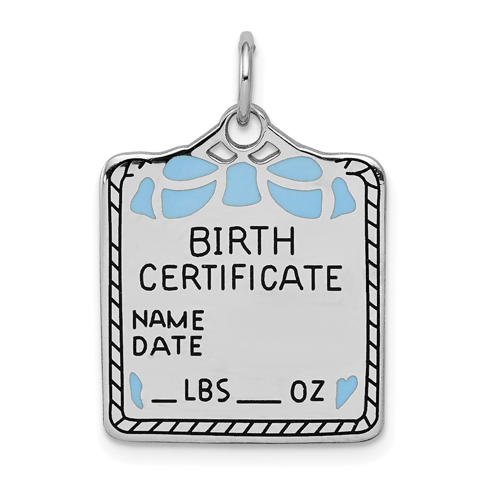 QC9.jpg SS Rh-plt Blue Birth Certificate Polished Front/Satin Back Charm - Image 1