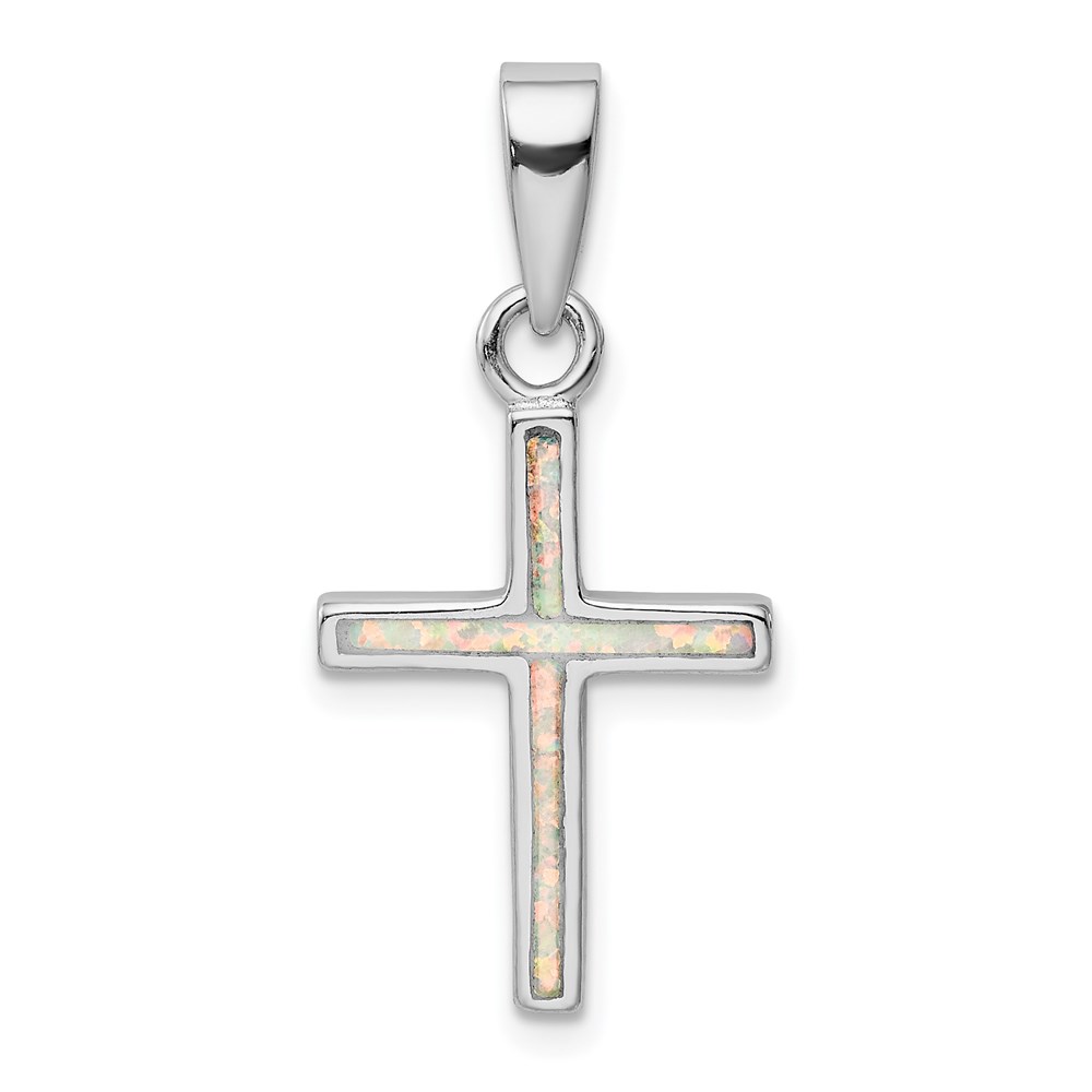 QC9035.jpg Sterling Silver Rhodium-plated White Lab Created Opal Cross Pendant - Image 1