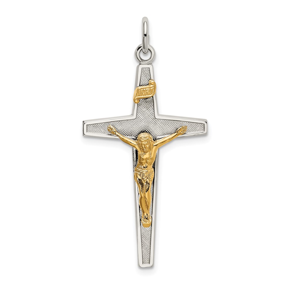 QC9099.jpg Sterling Silver & Gold-plated Polished and Textured INRI Crucifix Pendant - Image 1